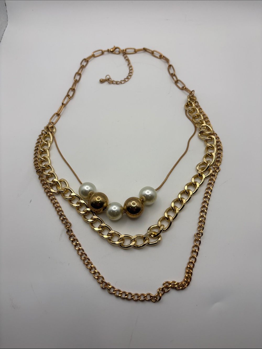 Gold-Tone Layered Necklace with Pearl Accent Beads
